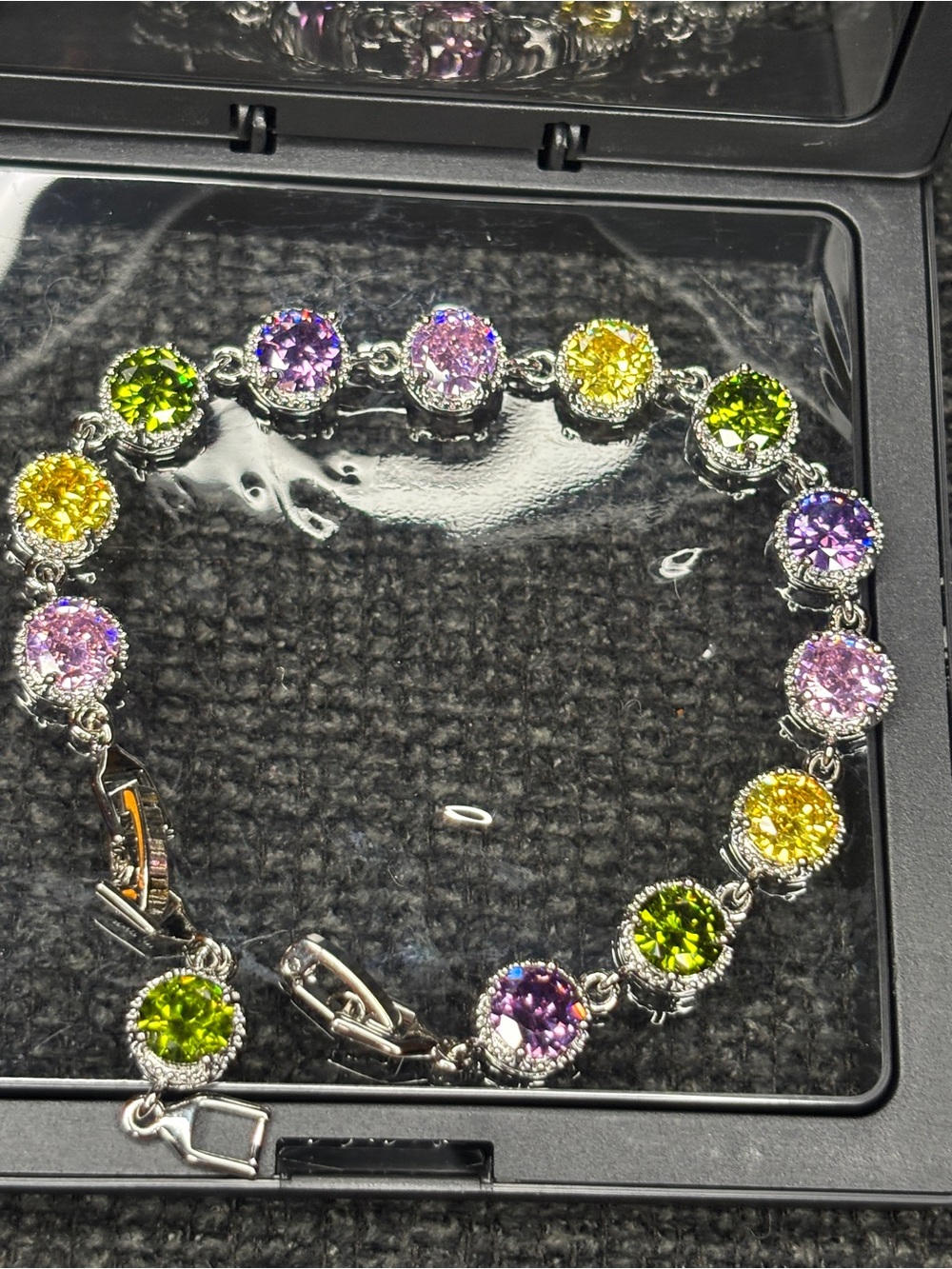 Multi-Color Crystal Tennis Bracelet - Purple, Yellow & Green